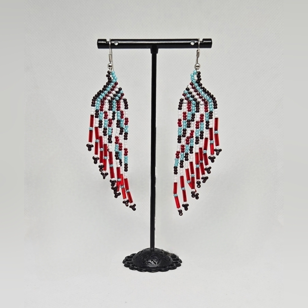 Handmade Beaded Fringe Earrings – Red, Turquoise & Black Boho Dangle Jewelry
